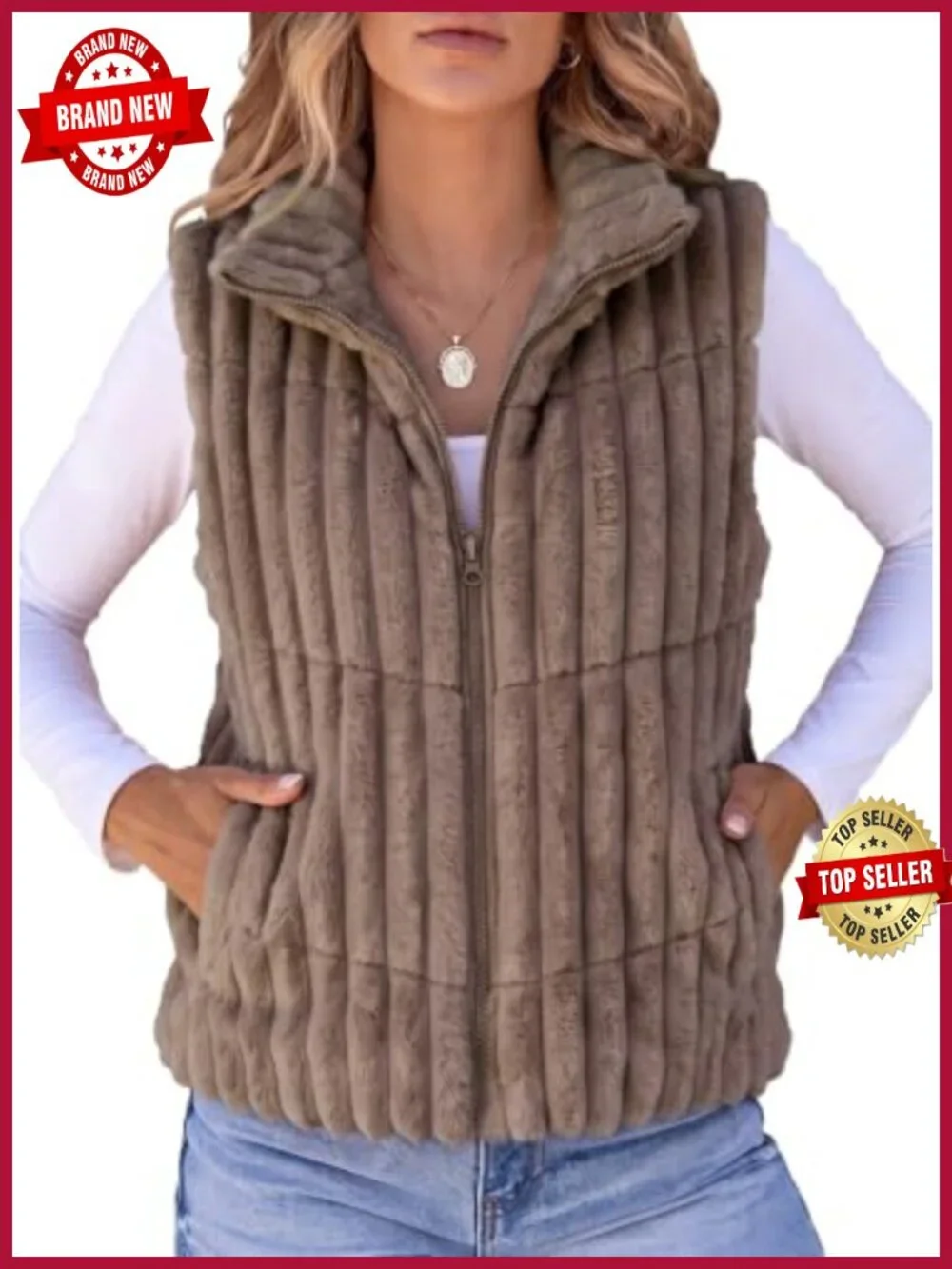 Sleeveless Striped Zip-Up Vest with Stand Collar Puffer Jacket